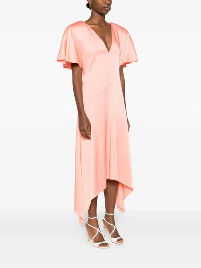 Stella Mccartney V-neck Asymmetric Satin Midi Dress In Pink