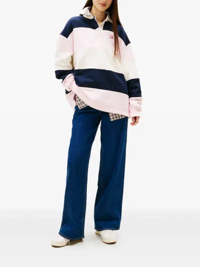 Tommy Jeans Striped Collared Polo Shirt In Pink