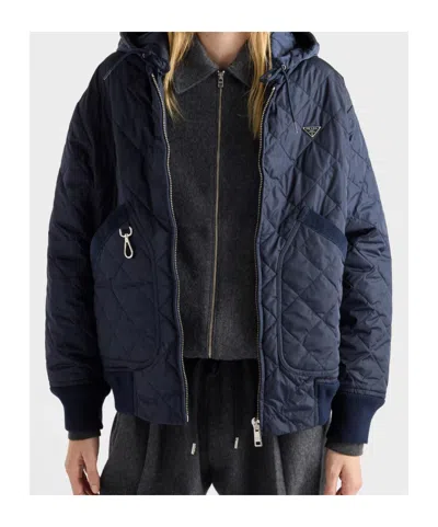 Prada Re-nylon Blouson Jacket With Hood In Blue