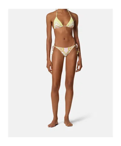 Versace Barocco Print String Bikini Bottoms In Gold