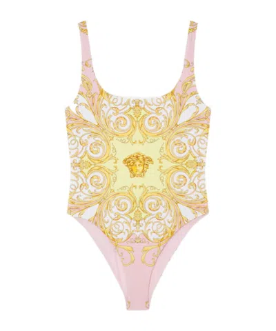 Versace Multicolor One-piece Swimsuit With All-over Medusa Print In Stretch Fabric Woman In Gold