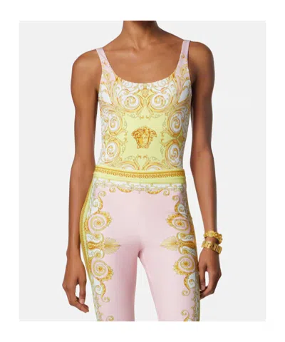 Versace Multicolor One-piece Swimsuit With All-over Medusa Print In Stretch Fabric Woman In Gold