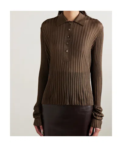 Khaite Vin Ribbed-knit Polo Shirt In Brown
