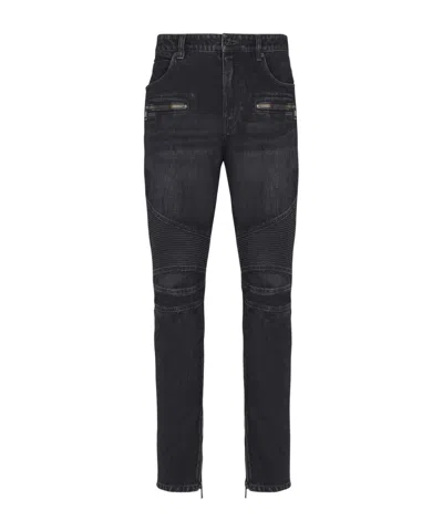 Balmain Slim Cut Ribbed Faded Cotton Jeans In Black