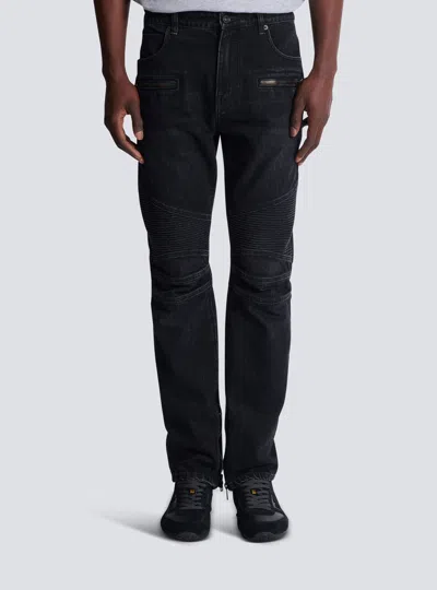 Balmain Slim Cut Ribbed Faded Cotton Jeans In Black