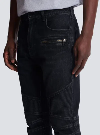 Balmain Slim Cut Ribbed Faded Cotton Jeans In Black