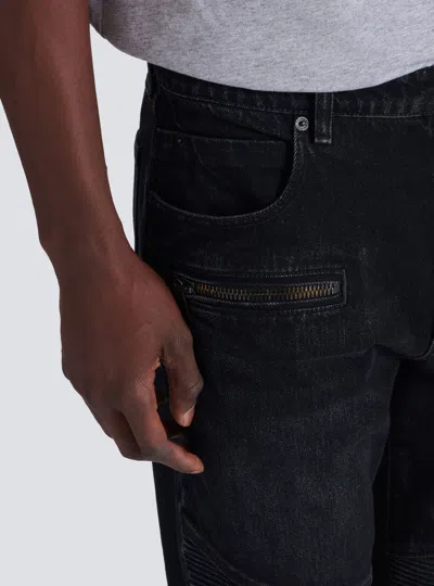 Balmain Slim Cut Ribbed Faded Cotton Jeans In Black