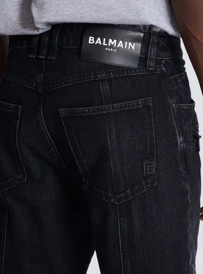 Balmain Slim Cut Ribbed Faded Cotton Jeans In Black