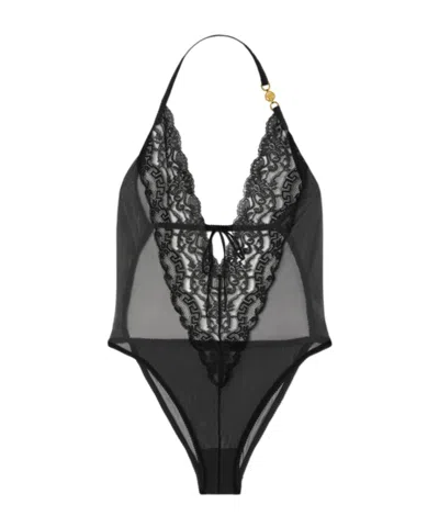 Versace Embroidered Lace-trim Bodysuit In Black