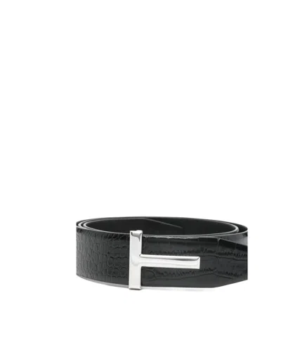 Tom Ford Reversible Crocodile Effect Belt With Metallic Buckle In Black