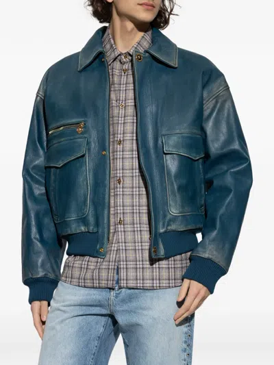 Versace Long-sleeved Leather Jacket In Blue