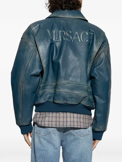 Versace Long-sleeved Leather Jacket In Blue