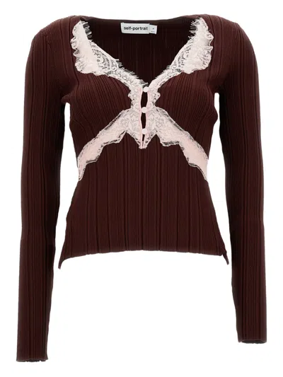 Self-portrait Lace-inserts V-neck T-shirt In Brown