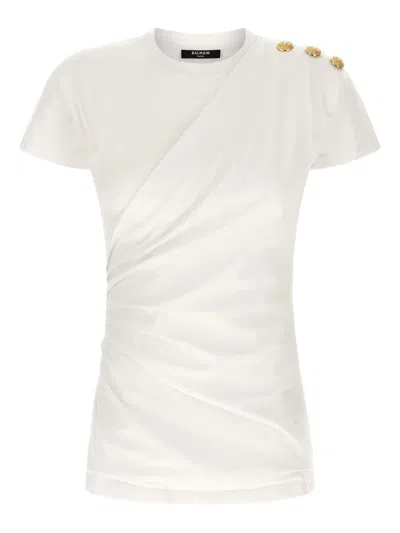 Balmain Cotton T-shirt With Button Detail And Draped Design In White