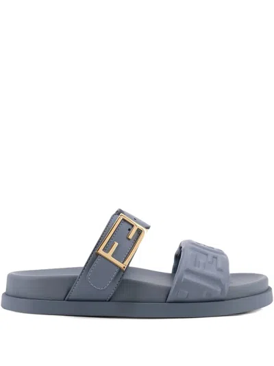 Fendi Feel Embossed Ff Leather Flat Sandals In Blue
