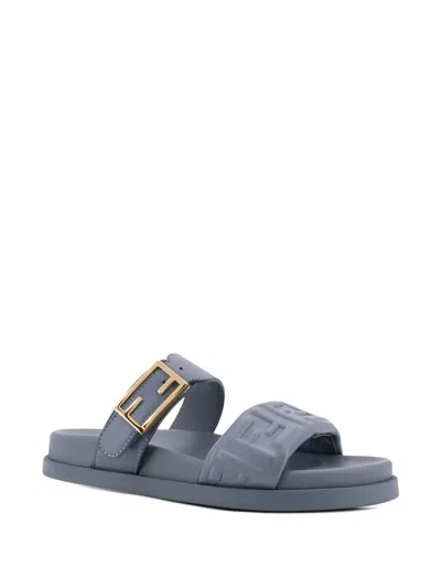 Fendi Feel Embossed Ff Leather Flat Sandals In Blue