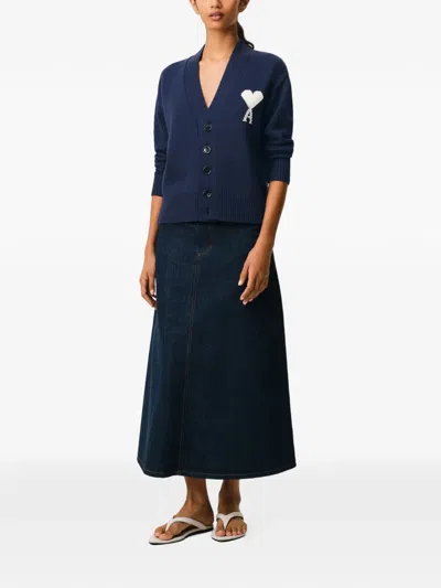 Ami Alexandre Mattiussi Ami Coeur-intarsia Horn-button Cardigan In Blue