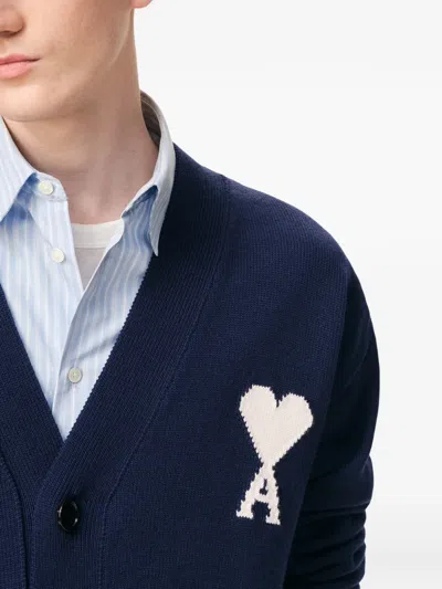 Ami Alexandre Mattiussi Ami Coeur-intarsia Horn-button Cardigan In Blue
