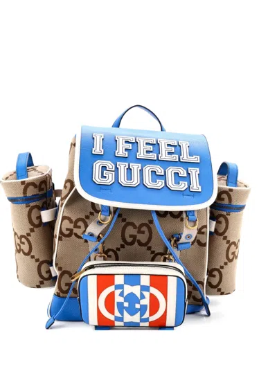 Pre-owned Gucci Multi-compartment Convertible Jumbo Gg Canvas And Leather Medium Backpack In Blue