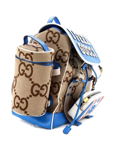 Pre-owned Gucci Multi-compartment Convertible Jumbo Gg Canvas And Leather Medium Backpack In Blue
