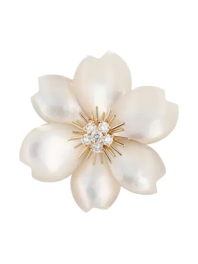 Pre-owned Van Cleef & Arpels 1990's Diamonds Mother Of Pearl Flower Brooch In White