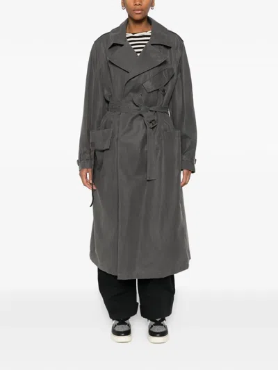 Open Yy Motorcycle Maxi Belted Trench Coat In Green