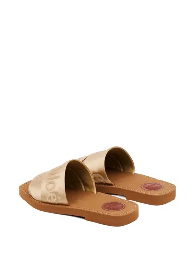 Chloé Woody Satin Sandals Embroidered Logo Rubber Sole In Neutral