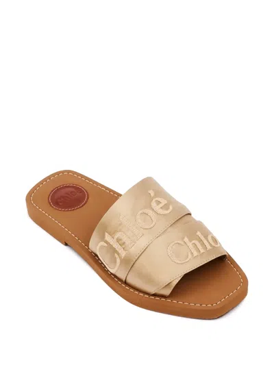 Chloé Woody Satin Sandals Embroidered Logo Rubber Sole In Neutral