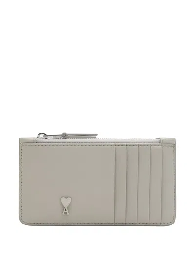 Ami Alexandre Mattiussi Zipped Coeur Leather Cardholder In Gray