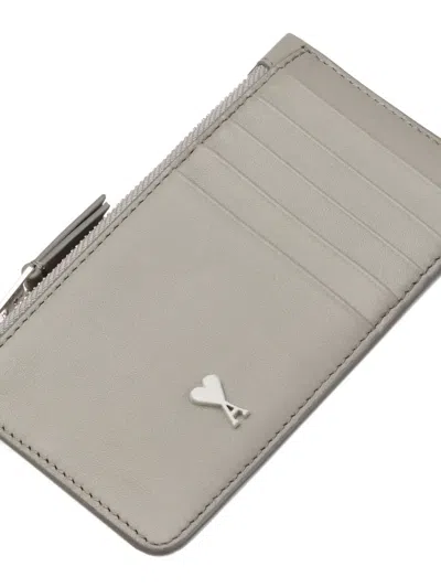 Ami Alexandre Mattiussi Zipped Coeur Leather Cardholder In Gray