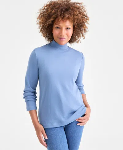 Style & Co Petite Mock-neck Cotton Long-sleeve T-shirt, Created For Macy's In Blue