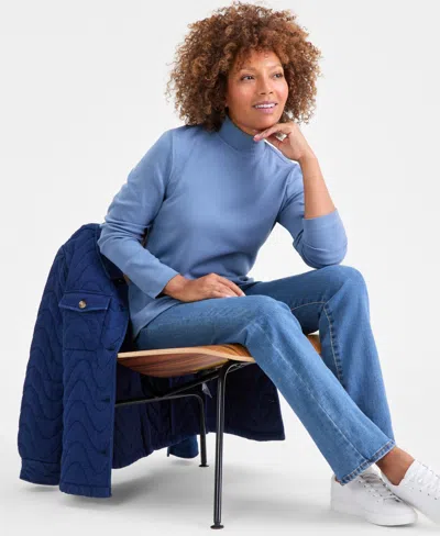 Style & Co Petite Mock-neck Cotton Long-sleeve T-shirt, Created For Macy's In Blue