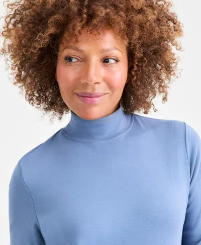 Style & Co Petite Mock-neck Cotton Long-sleeve T-shirt, Created For Macy's In Blue