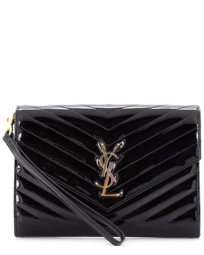 Saint Laurent Black Patent Leather Cassandre Flap Envelope Wristlet Pouch  (authentic Pre-loved)