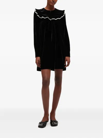 Ganni Stretch Velvet Jersey Collar Mini Dress In Black