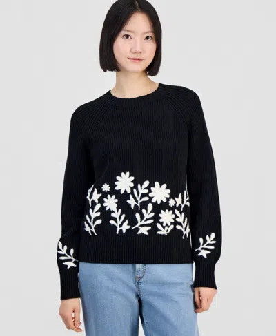 Style & Co Petite Embroidered Rib Crewneck Sweater, Macy's Exclusive In Black