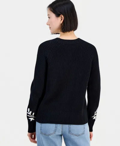Style & Co Petite Embroidered Rib Crewneck Sweater, Macy's Exclusive In Black
