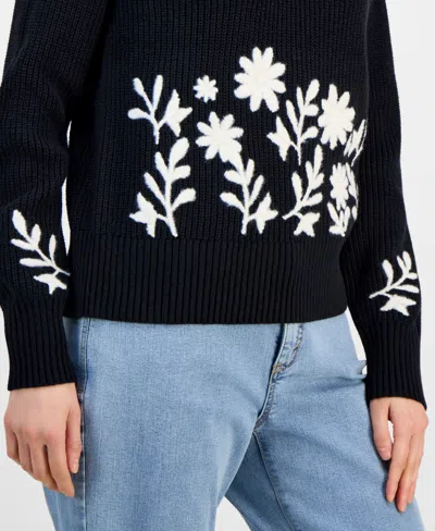Style & Co Petite Embroidered Rib Crewneck Sweater, Macy's Exclusive In Black