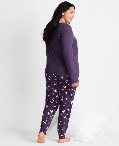 State Of Day Women's Long-sleeve Ribbed Henley Sleep Top Xs-3x, Created For Macy's In Purple