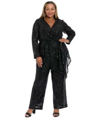 Muse Plus Size Sequin Long Sleeve Twist Wrap Top Pull On Pants In Black