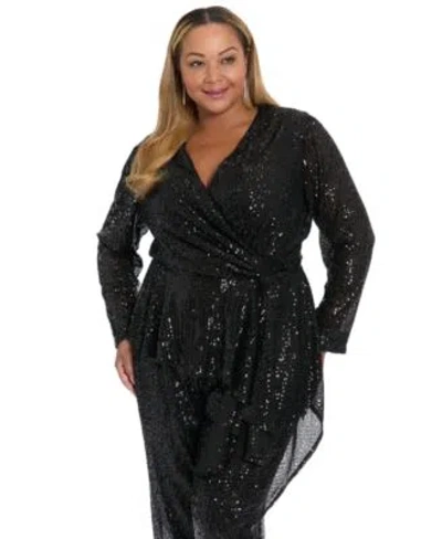 Muse Plus Size Sequin Long Sleeve Twist Wrap Top Pull On Pants In Black