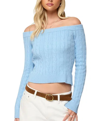 Edikted Taniza Off Shoulder Cable Knit Sweater In Blue