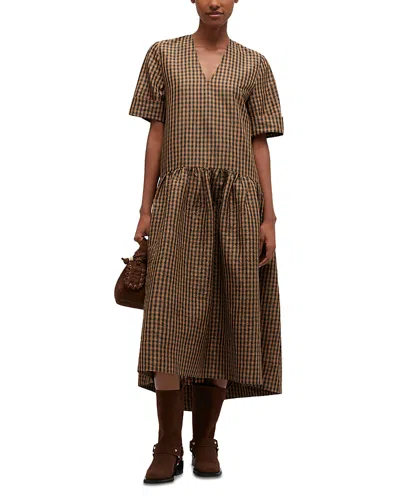 Ganni Crinckled Taffeta Checkered Dress Gathered Waist In Brown