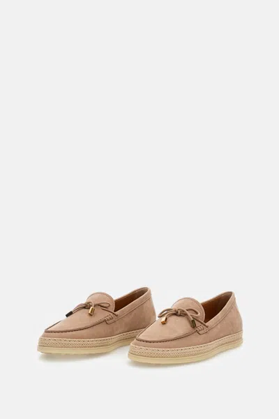 Tod's Raffia Bow Loafers Espadrille Trim Rubber Sole In Neutral