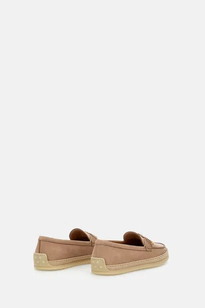 Tod's Raffia Bow Loafers Espadrille Trim Rubber Sole In Neutral