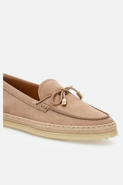 Tod's Raffia Bow Loafers Espadrille Trim Rubber Sole In Neutral