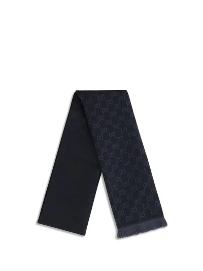 Gucci Women Gg Supreme Embroidered Wool Scarf In Blue