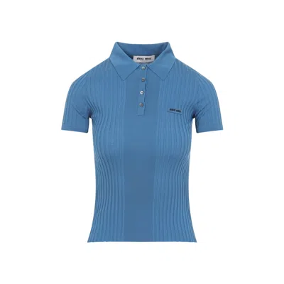 Miu Miu Short Sleeve Polo Shirt Ribbed Texture In Blue