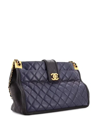 Pre-owned Chanel Elegant Cc Tote Quilted Lambskin Large Satchel In Black