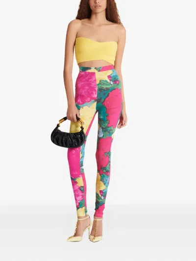 Balmain Jersey Leggings Roses Print Logo Detail In Multi